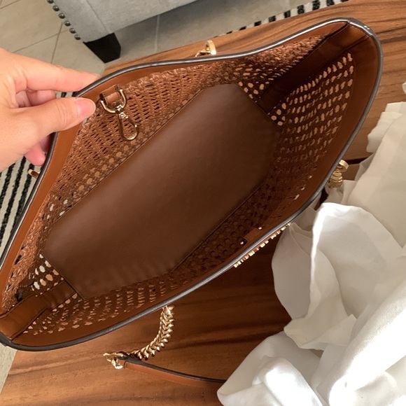 Michael Kors Kinsley Rattan Carryall Tote Bag in the color Luggage. - Picture 9 of 9